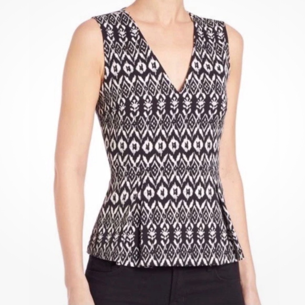 Diane Von Furstenberg Ailey Black & White Aztec Print Stretch Peplum Top Size 12